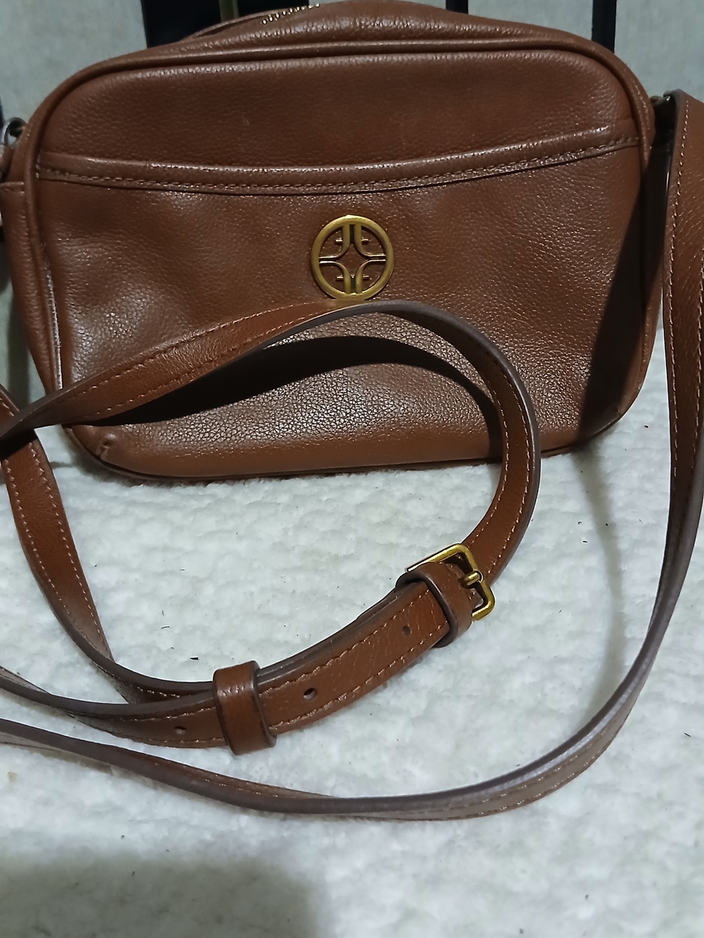 Fossil Brown Leather Crossbody with Gold Emblem